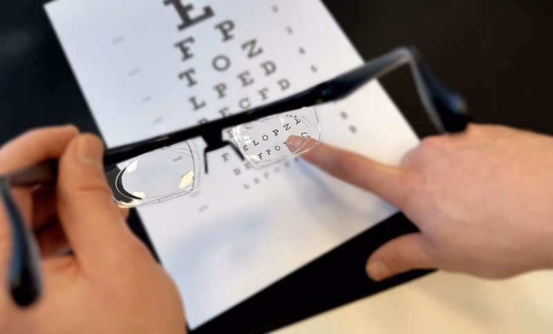 adjustable glasses held over an eye chart for vision test