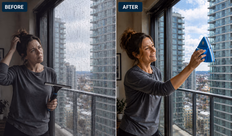 before and after of a woman cleaning windows with a magnetic