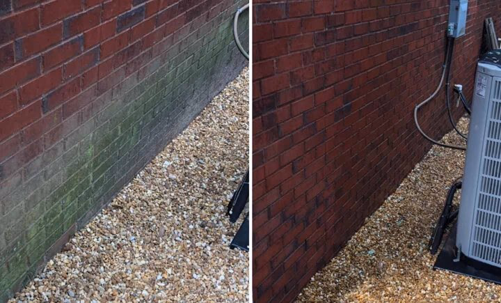before and after pressure washing brick wall