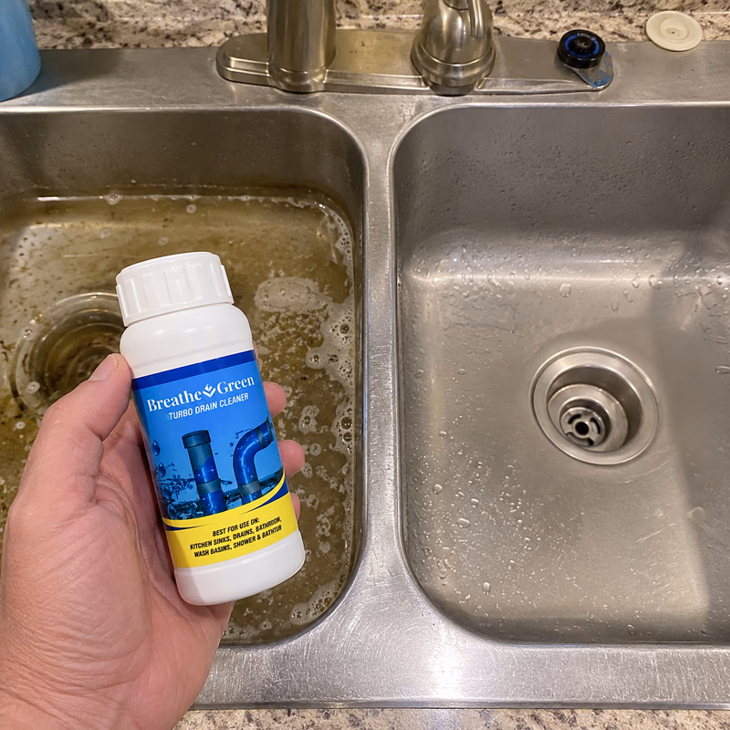 breathe green turbo drain cleaner bottle held over dirty sin