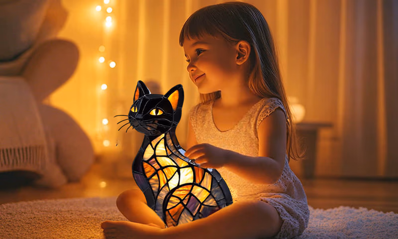child with vueeze glowkitty stained glass cat lamp