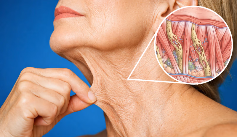 close up of womans neck with diagram showing skin aging