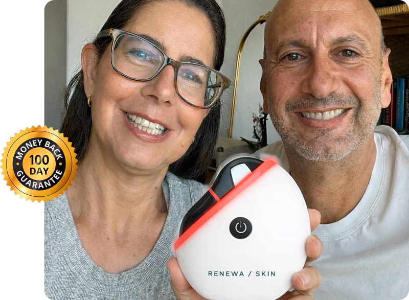 couple holding renewa gua sha device with money back guarant