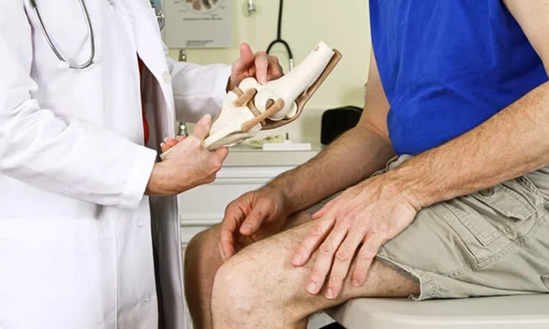 doctor showing a knee joint model to a patient