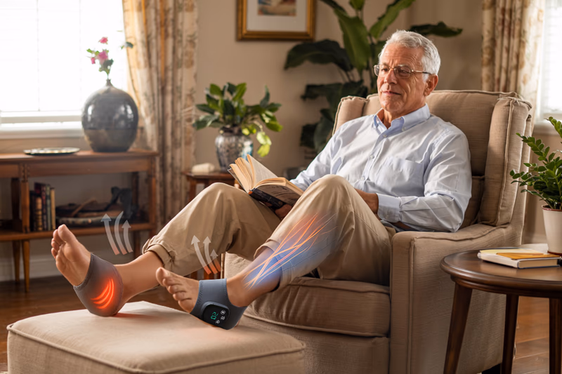 elderly man relaxing in a chair with foot massagers