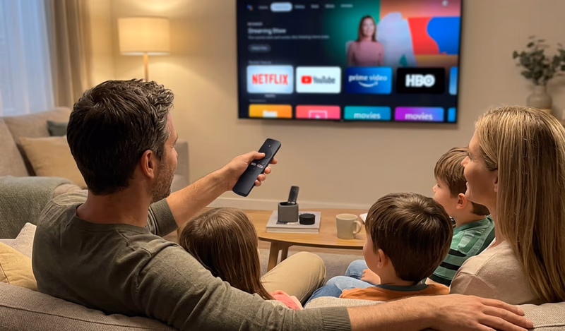 family watching tv with streaming stick remote