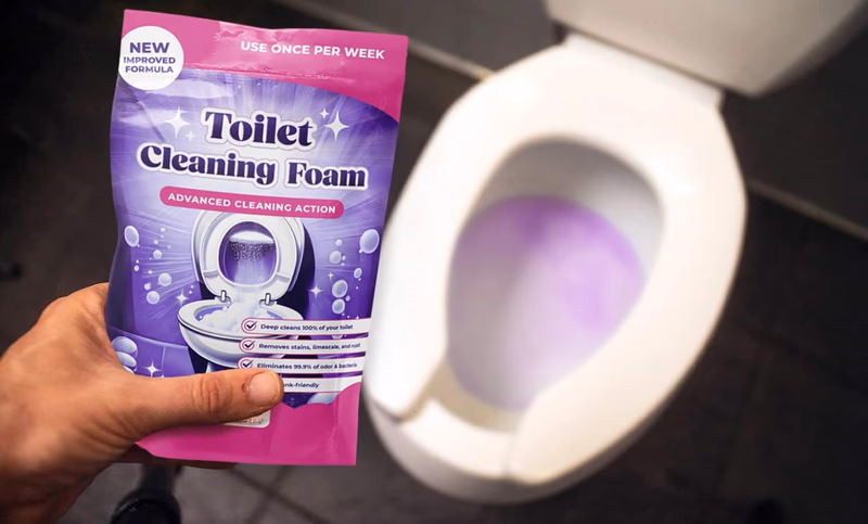 fizzclean toilet cleaning foam package next to toilet