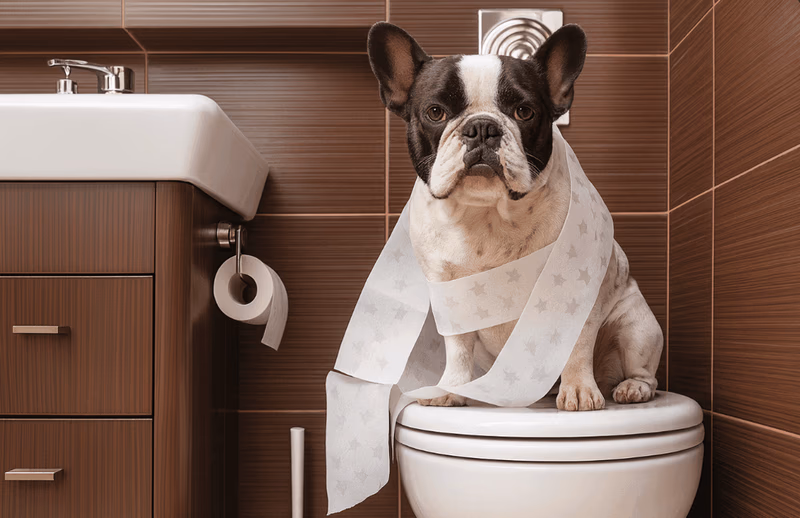 french bulldog wrapped in toilet paper sitting on a toilet