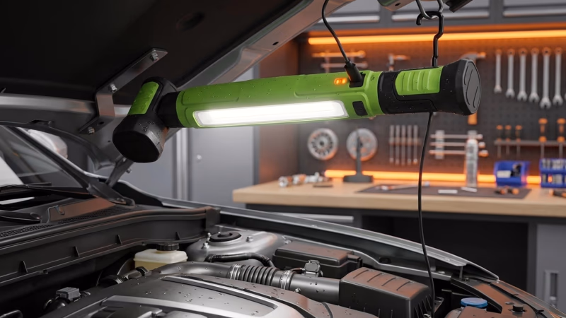 green magnetic work light illuminating a car engine bay