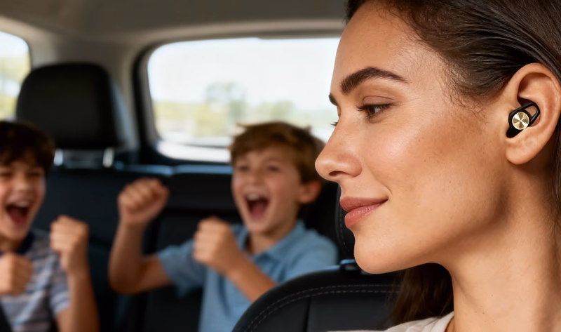 hears earbud in womans ear with kids in background