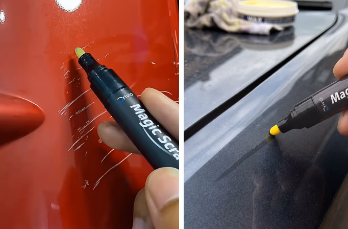 magic scratch pen repairing scratches on red and grey cars