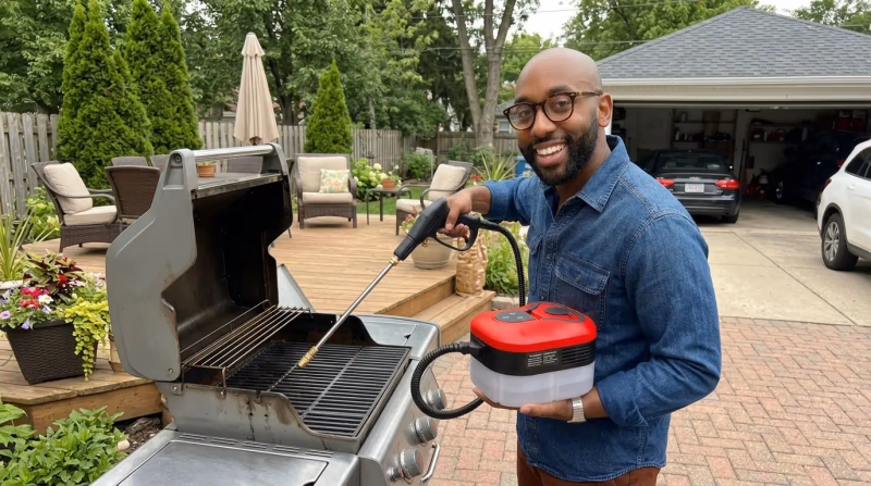 man cleaning grill with powerblast plus steam cleaner