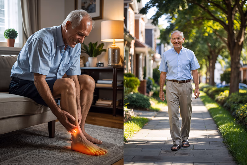 man experiencing ankle pain then walking outdoors