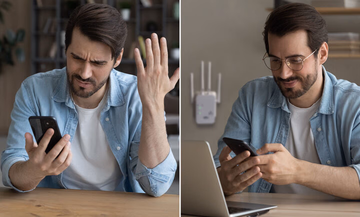 man frustrated with phone then happy with laptop