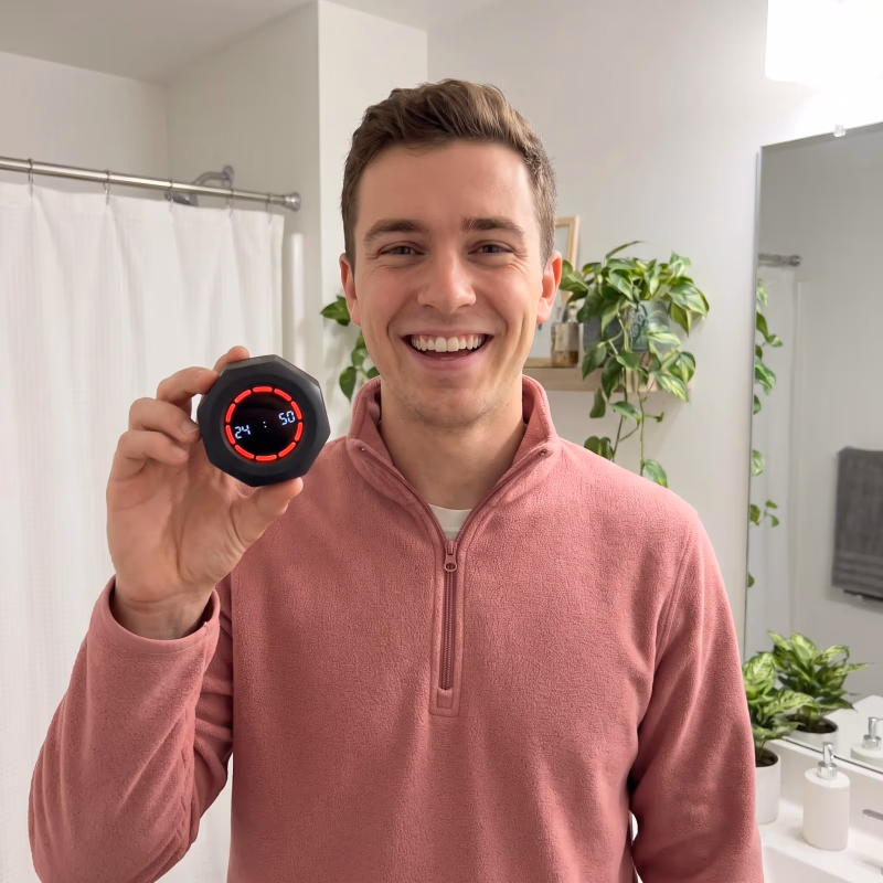 man holding a black lumifocus timer with red digital display