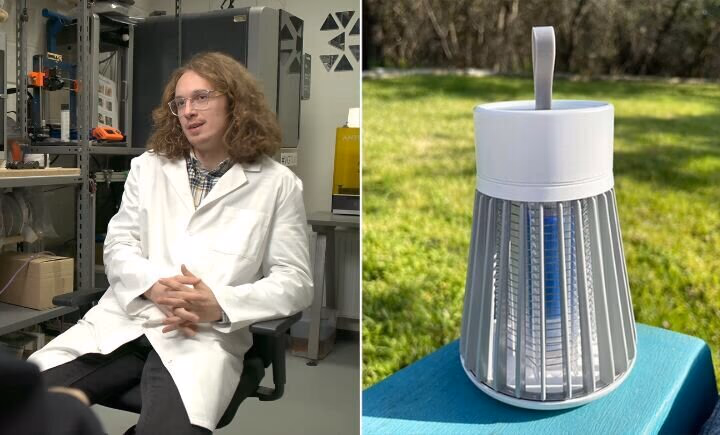 man in lab coat and mosquito zapper outdoors