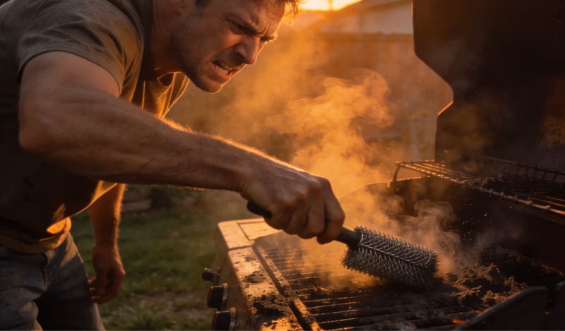 man intensely cleaning grill with electric brush