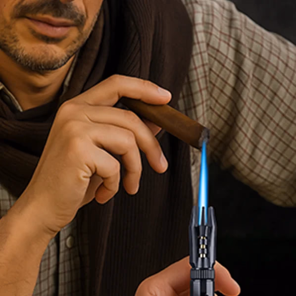 man lighting cigar with electrablaze torch lighter