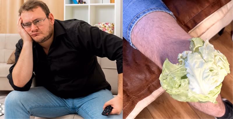 man looking bored and cabbage on leg with knee pain