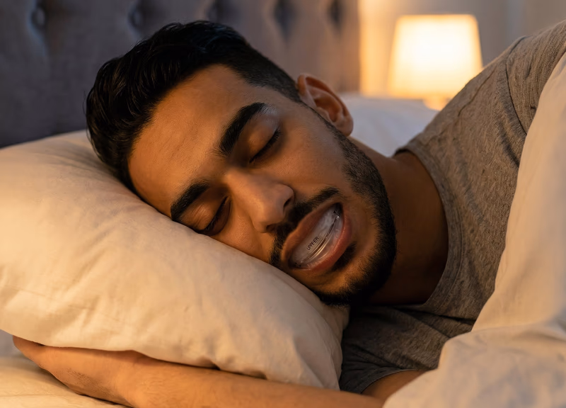 man sleeping peacefully with snorerx anti snoring device