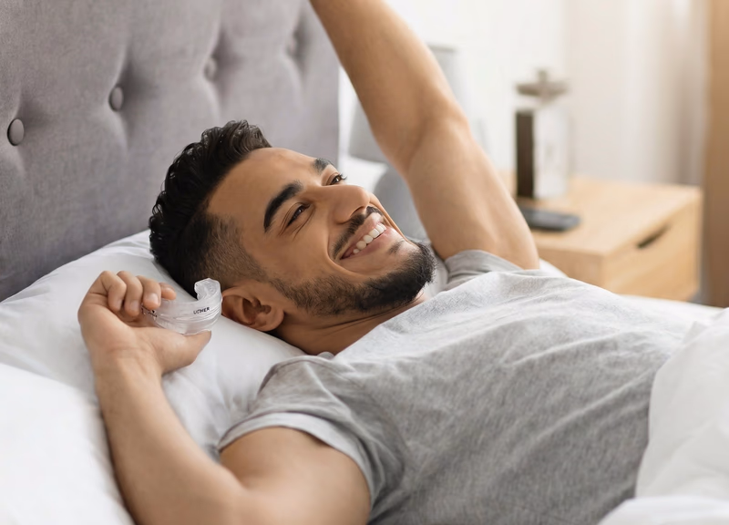 man waking up refreshed with snorerx device nearby