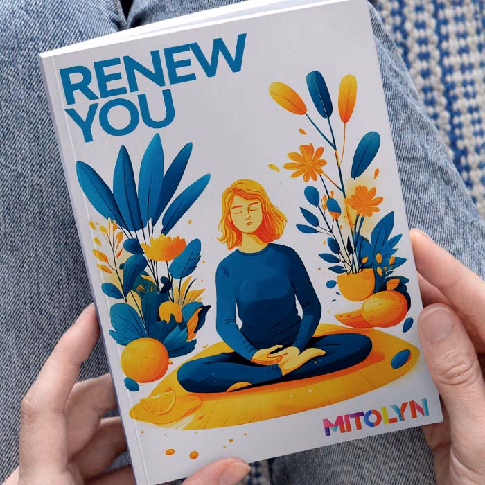 mitolyn renew you book with woman meditating illustration