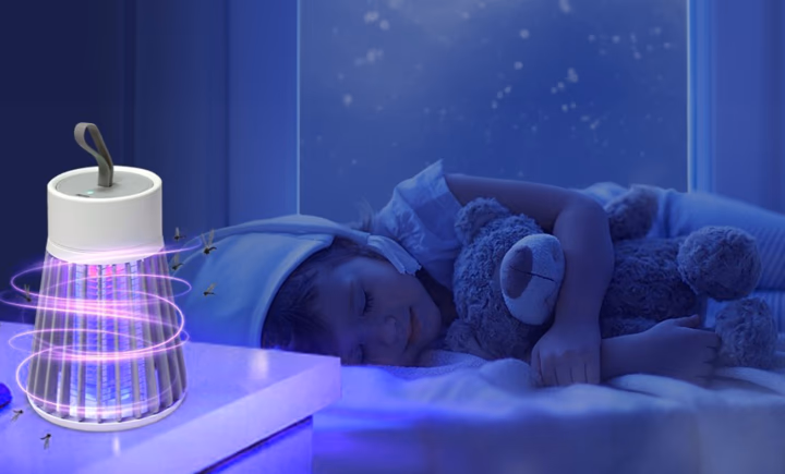 mosquito zapper near sleeping child and teddy bear
