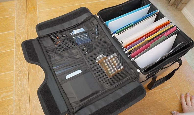 open ice box showing organized files and compartments