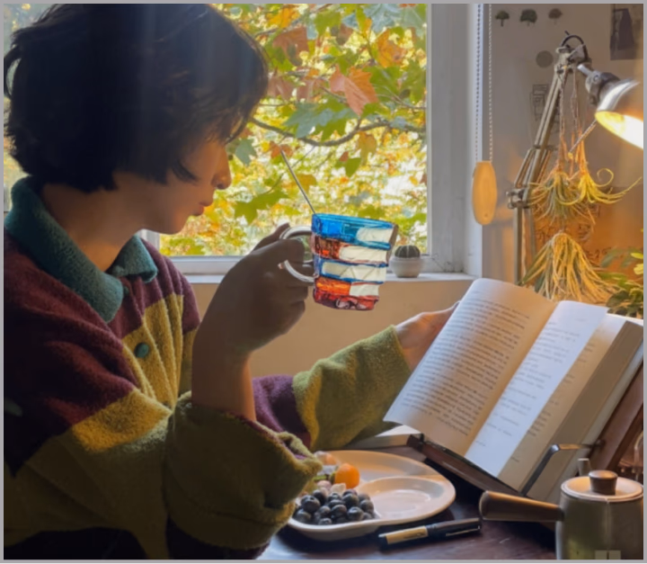 person reading a book and drinking from a book shaped mug