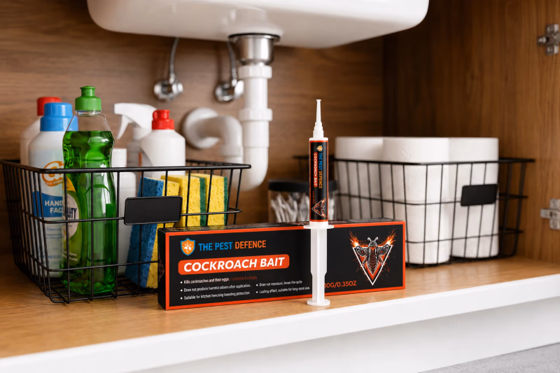 pest defence cockroach bait syringe and box under sink
