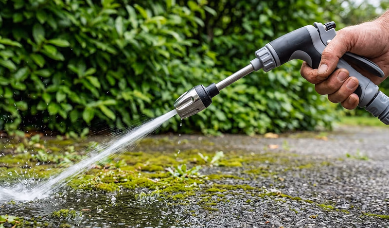 power jet stream hose nozzle spraying water on pavement