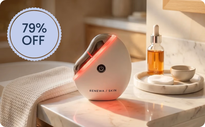 renewa gua sha device with red light on a marble counter