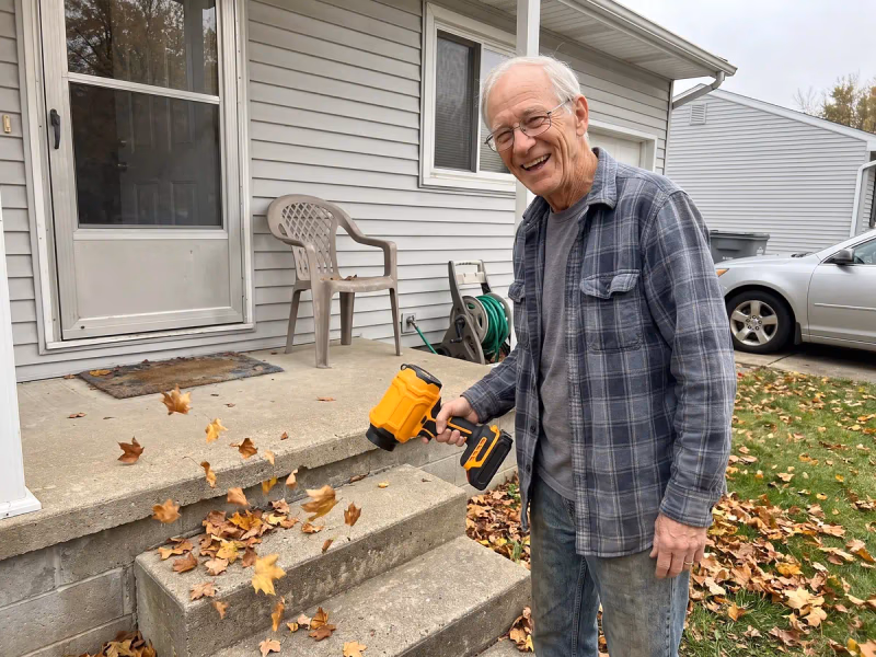 smiling man using leaf blower on porch steps