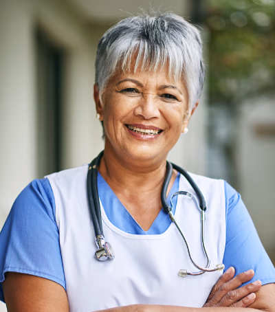 smiling nurse with stethoscope and vital nail clipper