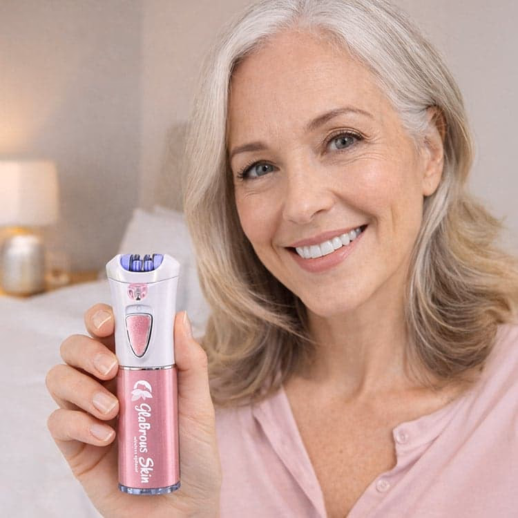 smiling older woman holding pink hair removal device