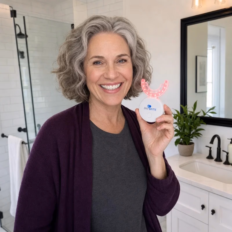 smiling woman holding 360brite teeth whitening device