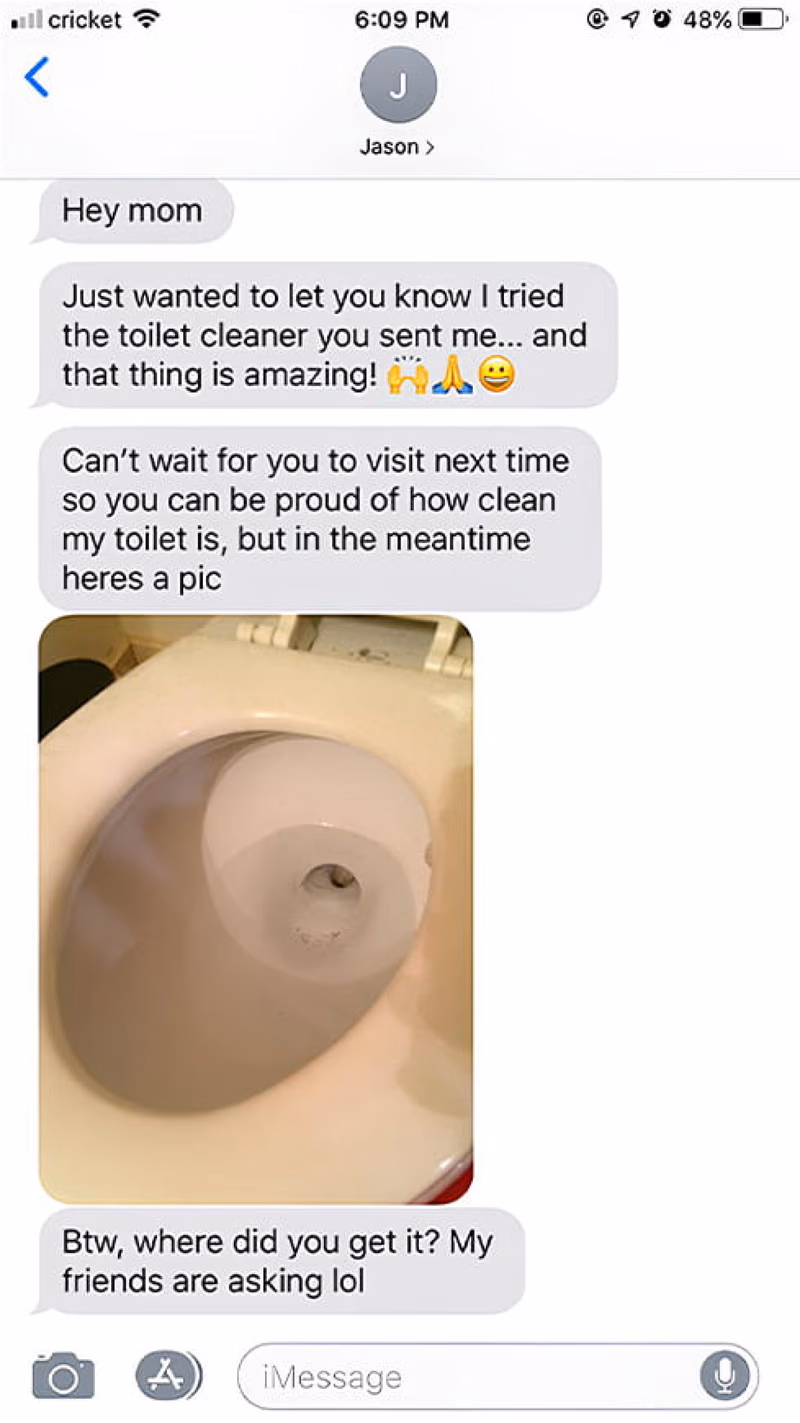 text message showing before and after fizzclean toilet clean