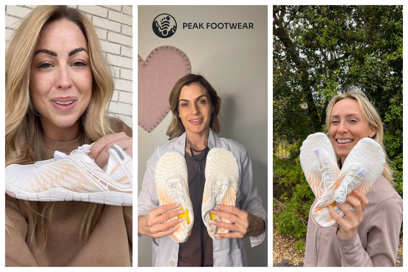 three women showcasing peak footwear shoes in different sett