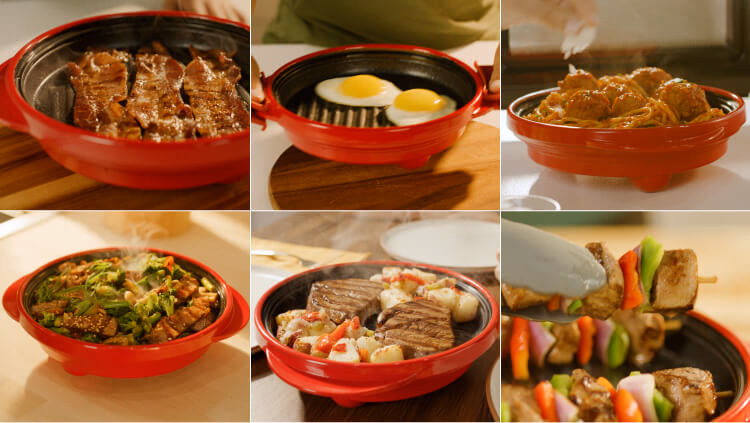 turborocketchef meals cooked in red microwave grill pan