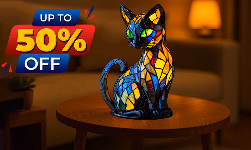 vueeze glowkitty stained glass cat lamp on table