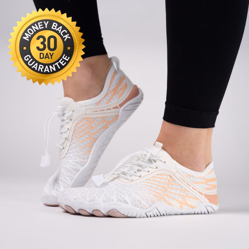 white lorax pro barefoot shoes with pink accents