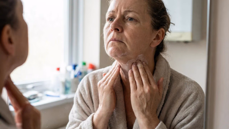 woman applying cream to her neck in front of a mirror