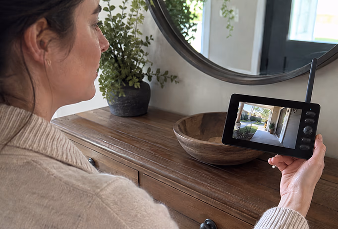 woman checks smart doorbell feed on tablet