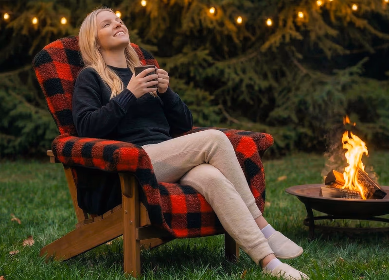 woman enjoying chair blanket by firepit