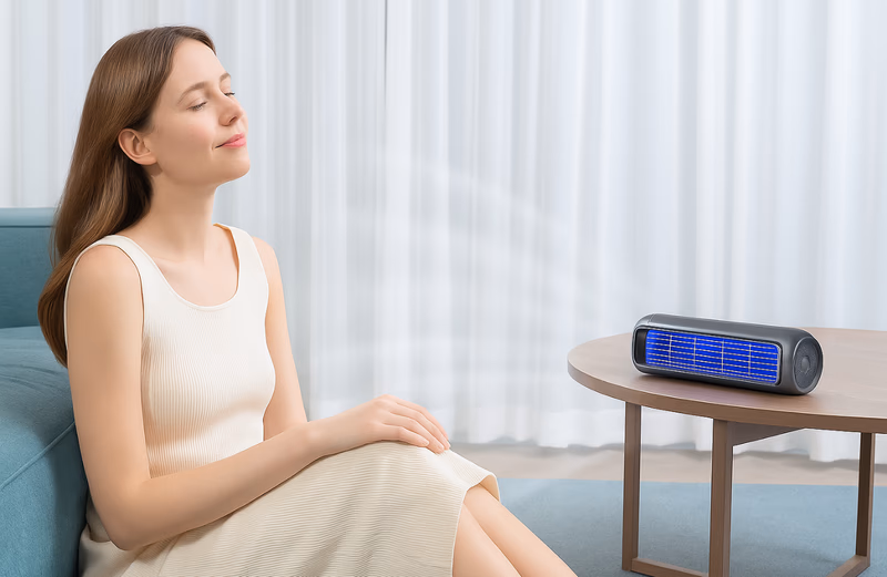 woman enjoying cool air from vital cooling breeze on table