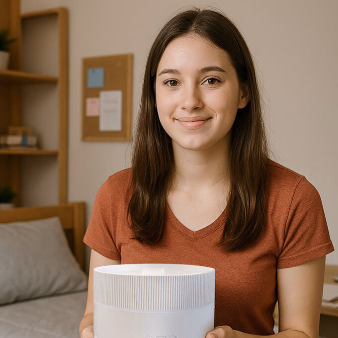 woman holding clairu humidifier in a bedroom