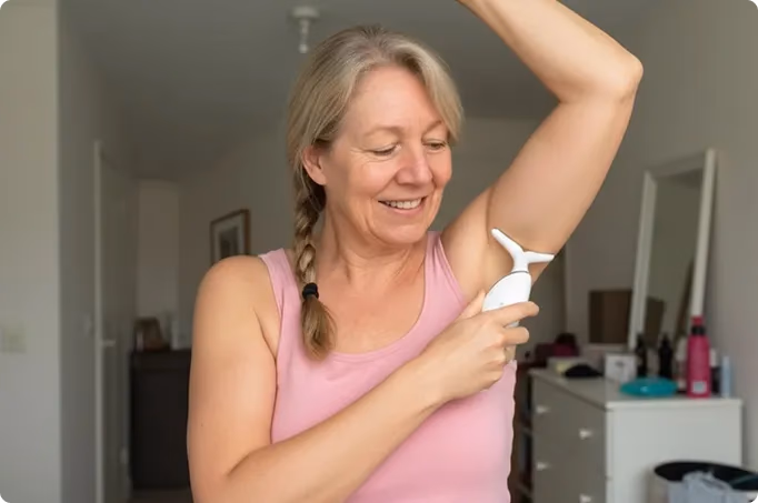 woman using arm toning device smiling happily